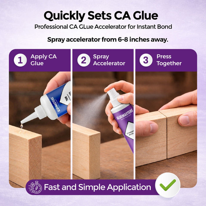 How to use CA glue accelerator: apply glue, spray accelerator from 6 to 8 inches away, press together