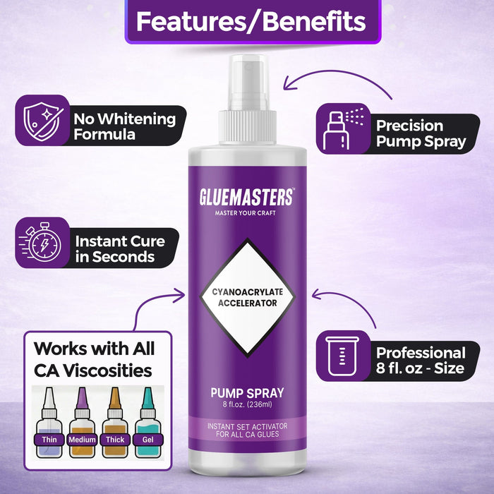 Glue Masters CA accelerator features: no-whitening formula, instant cure in seconds, precision pump spray, professional 8 fl oz size