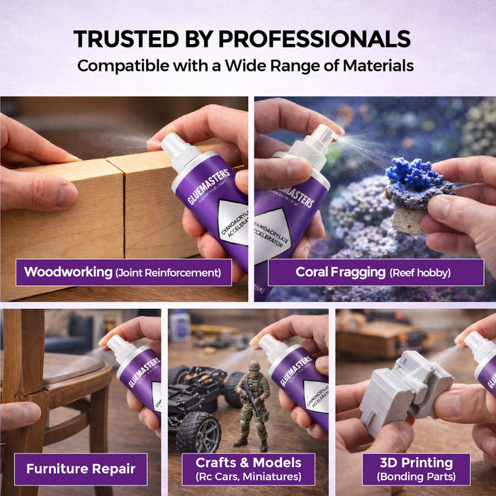 CA accelerator applications: woodworking joint reinforcement, coral fragging, furniture repair, crafts and models, 3D printing